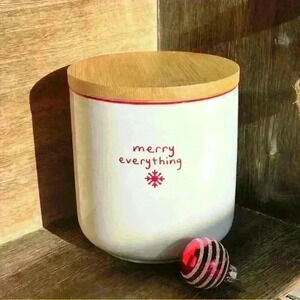 NEW BEAUTIFUL Medium Size MERRY EVERYTHING Ceramic Canister with wood lid